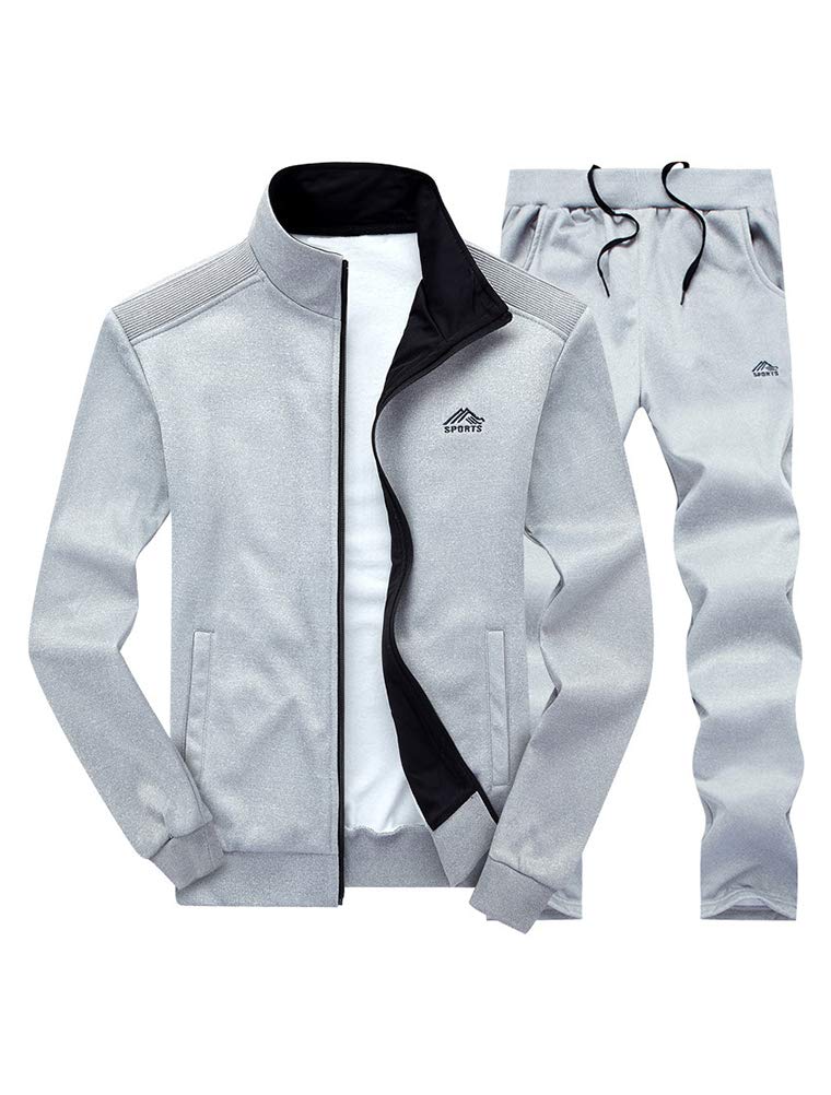 PASOK Men's Casual Tracksuit Long Sleeve Full Zip Running Jogging Sweatsuit Athletic Sports Set Light Gray XL